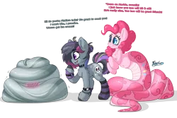 Size: 4500x3000 | Tagged: safe, artist:fluffyxai, derpibooru import, marble pie, pinkie pie, oc, lamia, original species, snake, snake pony, g4, blushing, canon x oc, clothes, coils, curled up, female, hiding, image, pie sisters, png, shipping, shy, siblings, simple background, sisters, snake tail, socks, species swap, striped socks, tail, transparent background