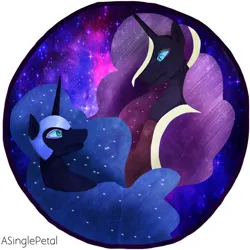 Size: 1024x1024 | Tagged: safe, artist:asinglepetal, derpibooru import, idw, nightmare moon, nightmare rarity, rarity, alicorn, pony, unicorn, g4, bust, button design, duo, duo female, ethereal hair, ethereal mane, eyeshadow, female, glare, glaring at each other, helmet, horn, image, ipad, jpeg, looking at each other, looking at someone, makeup, mare, moon, nightmarified, procreate, procreate app, redraw, space, starry mane, stars, watermark, wavy hair, white stripe, white stripes