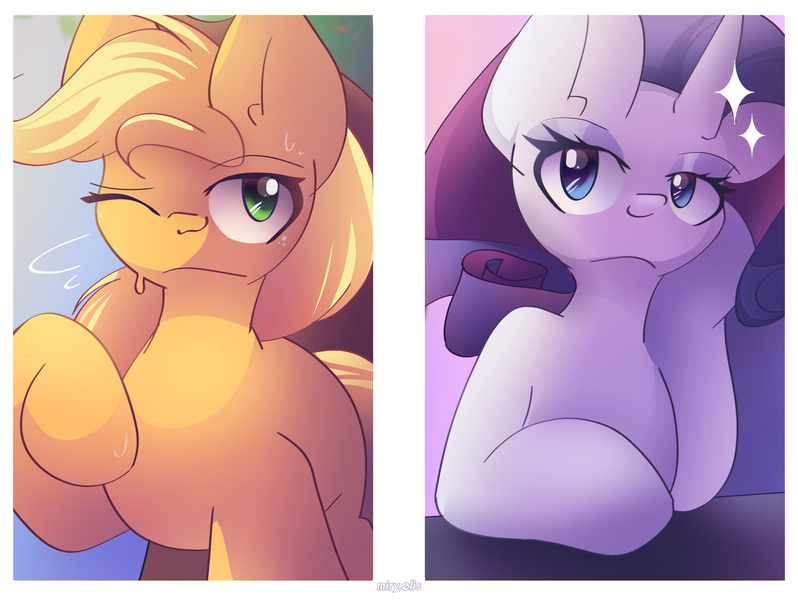 Size: 2660x2000 | Tagged: safe, artist:miryelis, derpibooru import, applejack, rarity, earth pony, pony, unicorn, g4, big ears, female, horn, image, looking at each other, looking at someone, mare, png, smiling, sparkles