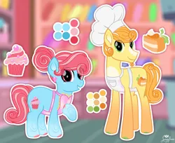 Size: 2451x2000 | Tagged: safe, artist:lovinglypromise, derpibooru import, carrot cake, cup cake, pony, g4, alternate design, apron, chef's hat, clothes, hat, image, png