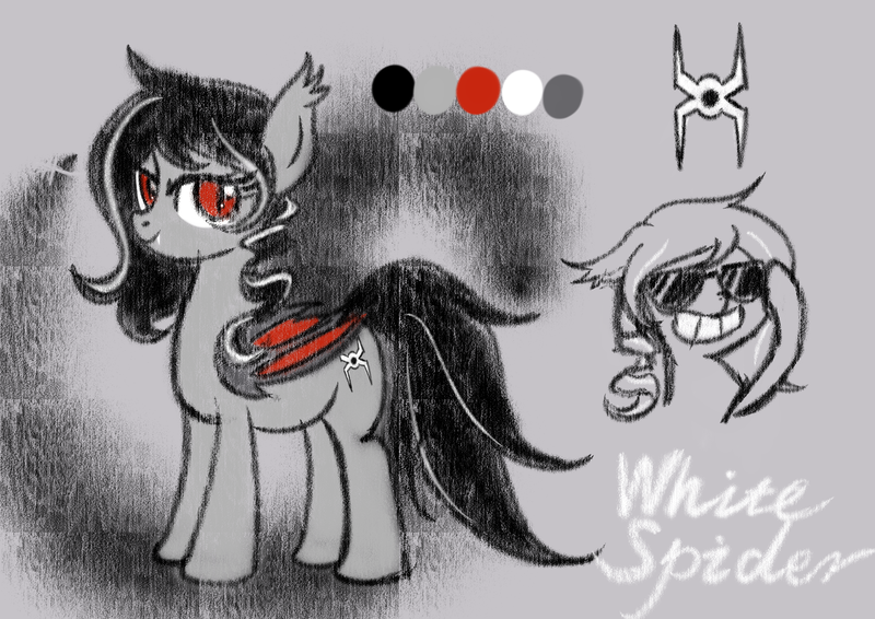 Size: 3508x2480 | Tagged: safe, artist:white spider, derpibooru import, oc, oc:white spider, unofficial characters only, bat pony, bat pony oc, bat wings, black and white, black hair, cool, gaze, grayscale, image, laughing, monochrome, png, red eyes, simple background, smiling, solo, sunglasses, wings