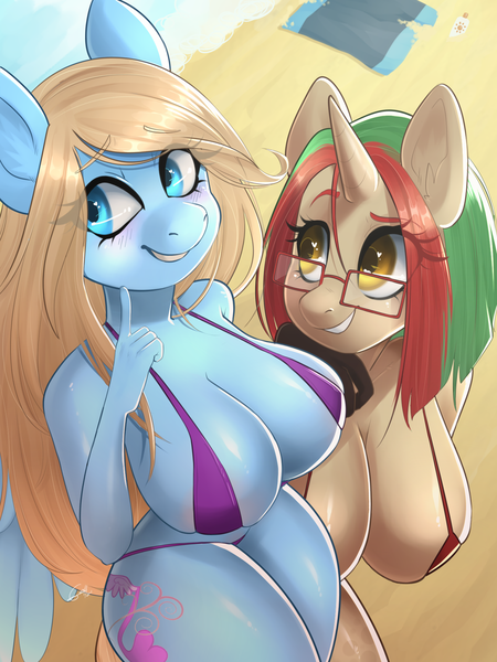 Size: 1500x2000 | Tagged: suggestive, artist:goshhhh, derpibooru import, oc, oc:lusty symphony, unofficial characters only, anthro, pegasus, unicorn, 2020, beach, big breasts, bikini, blushing, breasts, busty oc, clothes, duo, female, glasses, horn, image, old art, png, sand, sexy, sling bikini, smiling, swimsuit, thighs, thunder thighs, useless clothing