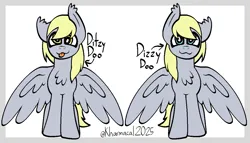 Size: 1211x691 | Tagged: safe, artist:kharmacal, derpibooru import, derpy hooves, pegasus, pony, g4, 2025, :3, :p, arrow, caption, catchlights, chest fluff, ear fluff, front view, headcanon, image, image macro, one ear down, passepartout, png, self paradox, self ponidox, spread wings, text, tongue out, wings