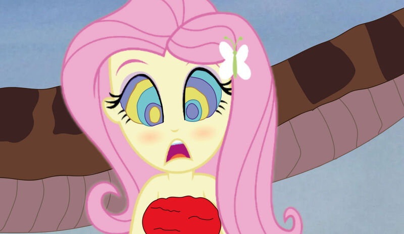 Size: 1280x743 | Tagged: safe, artist:remifan, derpibooru import, fluttershy, human, snake, equestria girls, g4, butterfly hairpin, coils, eyeshadow, female, hypno eyes, hypnoshy, hypnosis, hypnotized, image, jpeg, kaa, kaa eyes, makeup, open mouth