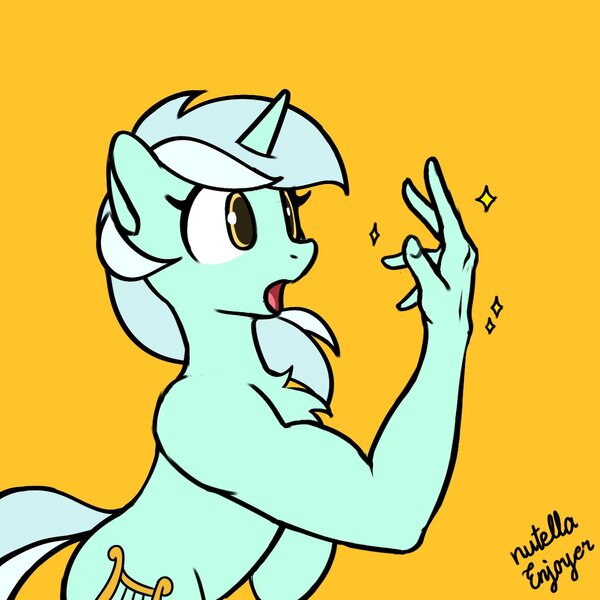 Size: 1200x1200 | Tagged: safe, artist:nutellaenjoyer, derpibooru import, lyra heartstrings, pony, unicorn, g4, :o, bipedal, chest fluff, female, gasp, hand, hands on pony, horn, image, jpeg, mare, open mouth, simple background, solo, sparkles, suddenly hands, that pony sure does love hands, wide eyes, yellow background