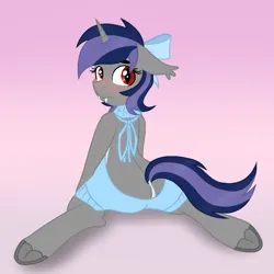 Size: 1080x1080 | Tagged: safe, artist:ghostpikachu, derpibooru import, oc, oc:dreaming star, unofficial characters only, bat pony, bat pony unicorn, hybrid, pony, unicorn, backless, base used, blushing, bow, butt, clothes, derpibooru exclusive, fake eyelashes, fangs, femboy, frog (hoof), hair bow, hooves, horn, image, looking at you, looking back, looking back at you, male, open-back sweater, plot, png, raised tail, rear view, sitting, sleeveless, sleeveless sweater, solo, spread legs, spreading, stallion, sweater, tail, underhoof, virgin killer sweater