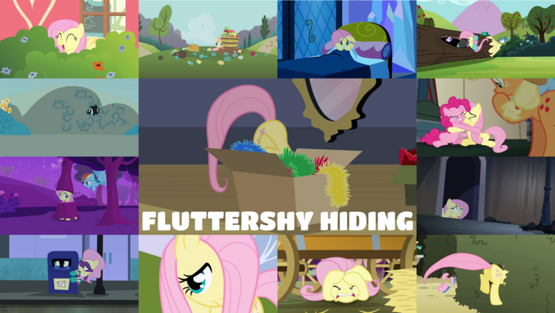 Size: 1190x671 | Tagged: safe, derpibooru import, edit, edited screencap, editor:quoterific, screencap, applejack, fluttershy, pinkie pie, rainbow dash, earth pony, pegasus, pony, buckball season, do princesses dream of magic sheep, dragonshy, filli vanilli, friendship is magic, g4, hearth's warming eve (episode), hurricane fluttershy, magic duel, power ponies (episode), scare master, season 1, season 2, season 3, season 4, season 5, season 6, swarm of the century, the return of harmony, bed, female, hair over one eye, hiding, image, mailbox, mare, my little pony, png