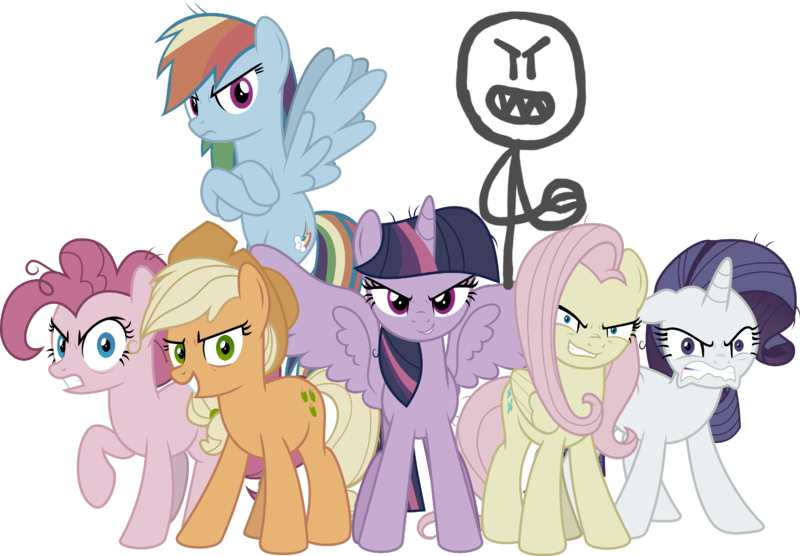 Size: 4256x2957 | Tagged: safe, artist:noogai38, derpibooru import, screencap, applejack, fluttershy, mean applejack, mean fluttershy, mean pinkie pie, mean rainbow dash, mean rarity, mean twilight sparkle, pinkie pie, rainbow dash, rarity, twilight sparkle, twilight sparkle (alicorn), alicorn, season 8, the mean 6, spoiler:s08, angry, clone, clone six, crossed hooves, evil grin, grin, image, mean six, mean stickman, messy mane, my little pony, png, serious, serious face, smiling, stick figure, upside down cutie mark