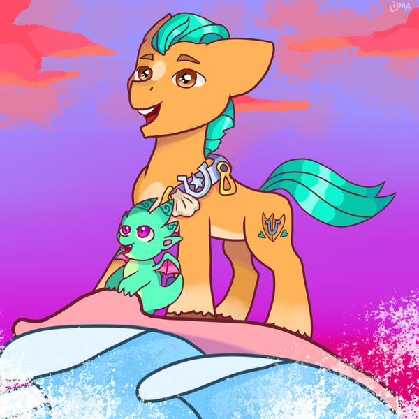 Size: 1024x1024 | Tagged: safe, artist:lionaauwu, derpibooru import, hitch trailblazer, sparky sparkeroni, dragon, earth pony, pony, g5, baby, baby dragon, duo, duo male, image, male, outdoors, papa hitch, png, seashell, stallion, surfing, water, wave