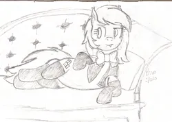 Size: 757x539 | Tagged: safe, artist:ponerr, derpibooru import, oc, oc:lucky roll, bat pony, bat pony oc, bat wings, couch, image, jpeg, monochrome, signature, wings