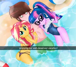 Size: 1238x1094 | Tagged: suggestive, artist:charliexe, derpibooru import, sci-twi, sunset shimmer, twilight sparkle, oc, oc:generic messy hair anime anon, human, equestria girls, g4, :i, ass, beach, beach ball, bikini, blushing, breasts, bunset shimmer, butt, clothes, cloud, cute, glasses, grin, image, jpeg, male, ocean, one-piece swimsuit, ponytail, sand, shimmerbetes, smiling, swimsuit, trio, trunks, twiabetes, water