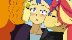 Size: 2500x1399 | Tagged: safe, artist:aokushan, derpibooru import, adagio dazzle, flash sentry, sunset shimmer, human, equestria girls, g4, female, flashimmer, image, kiss on the cheek, kissing, male, png, shipping, straight