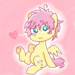 Size: 1280x1280 | Tagged: safe, artist:cozyinbutters, derpibooru import, fluttershy, pegasus, g4, :3, blushing, butterscotch, cute, heart, image, messy mane, pink background, pink mane, png, rule 63, shy, simple background, sitting, solo, yellow coat