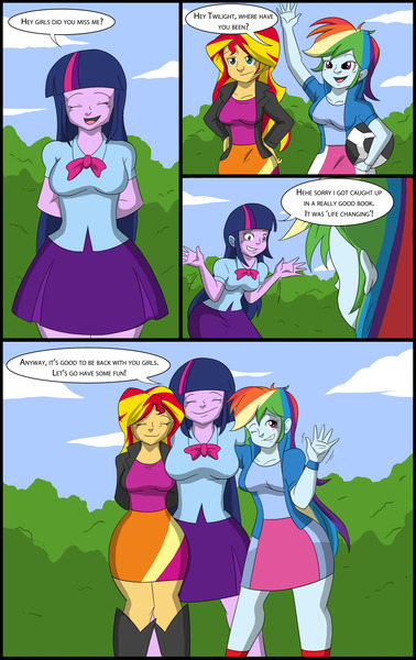 Size: 3508x5575 | Tagged: safe, artist:tfsubmissions, derpibooru import, part of a set, rainbow dash, sunset shimmer, twilight sparkle, human, equestria girls, g4, breasts, busty rainbow dash, busty sunset shimmer, busty twilight sparkle, clothes, comic, dialogue, female, football, high res, hug, image, jpeg, male to female, one eye closed, part of a series, post-transformation, rule 63, skirt, speech bubble, sports, transformation, transgender transformation, trio, waving, wink