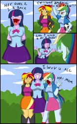 Size: 3508x5575 | Tagged: safe, alternate version, artist:tfsubmissions, derpibooru import, part of a set, rainbow dash, sunset shimmer, twilight sparkle, human, equestria girls, g4, clothes, comic, derp, dialogue, faic, football, high res, hug, image, jpeg, male to female, part of a series, post-transformation, rule 63, skirt, sports, sweetie derelle, transformation, transgender transformation, vagineer, wat