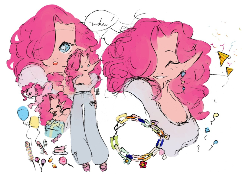 Size: 1280x922 | Tagged: safe, artist:hyolol, derpibooru import, part of a set, pinkie pie, anthro, earth pony, pony, g4, clothes, ear piercing, earring, eyes closed, grin, hair over one eye, image, jewelry, jpeg, piercing, smiling, solo, wingding eyes