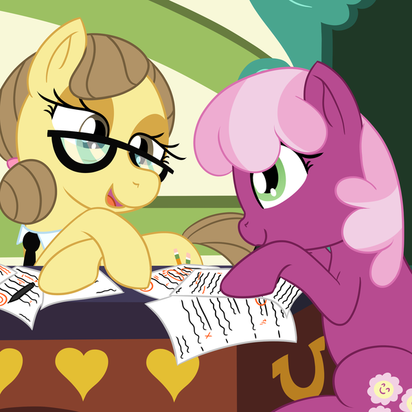 Size: 2000x2000 | Tagged: safe, artist:mariculture, ponerpics import, cheerilee, sharpener, earth pony, pony, chalkboard, desk, duo, female, glasses, image, lidded eyes, mare, mouth hold, open mouth, paper, pen, png, pointing