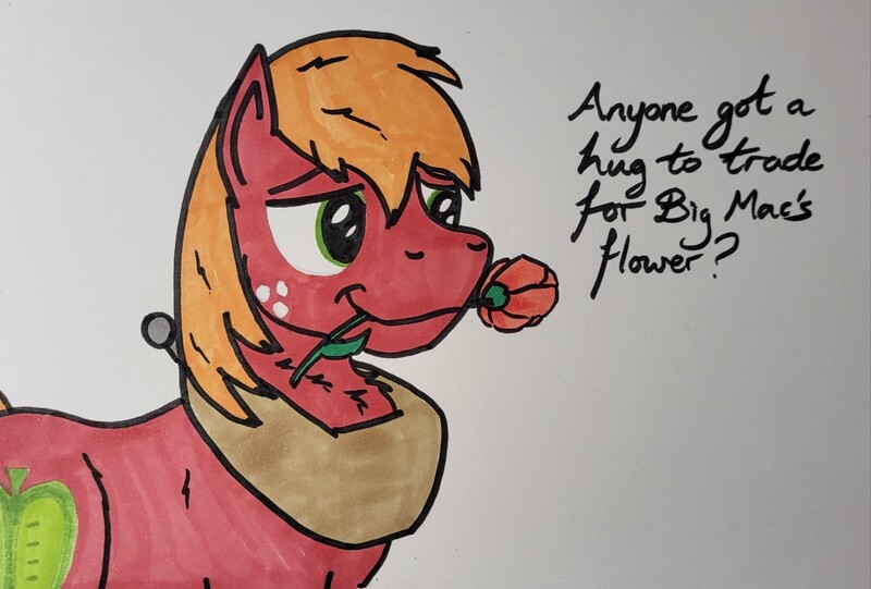 Size: 2048x1386 | Tagged: safe, artist:hoofclid, derpibooru import, big macintosh, earth pony, pony, g4, female, flower, flower in mouth, image, jpeg, lidded eyes, male, mare, marker drawing, mouth hold, rose, rose in mouth, smiling, solo, stallion, text, traditional art