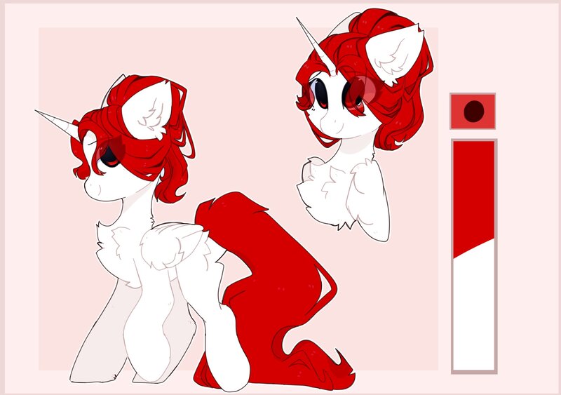 Size: 2284x1608 | Tagged: safe, artist:little-sketches, ponerpics import, oc, unofficial characters only, alicorn, pony, alicorn oc, bust, butt fluff, cheek fluff, chest fluff, color palette, ear fluff, eye clipping through hair, eyebrows visible through hair, female, hair bun, horn, image, jpeg, leg fluff, mare, passepartout, raised hoof, red eyes, red mane, red tail, reference sheet, smiling, solo, standing, unicorn horn, white coat, wing fluff, wings