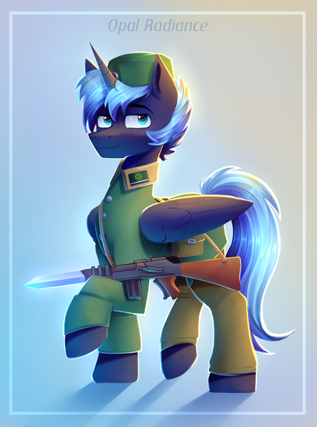 Size: 5008x6741 | Tagged: safe, artist:opal_radiance, derpibooru import, oc, alicorn, pony, equestria at war mod, bag, clothes, full body, gradient background, horn, image, male, png, saddle bag, solo, stallion, text, uniform, wings