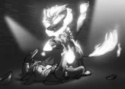 Size: 3500x2500 | Tagged: safe, artist:captainhoers, derpibooru import, oc, unofficial characters only, gryphon, kirin, nirik, black and white, duo, fire, grayscale, griffon oc, gun, handgun, image, jpeg, kirin oc, monochrome, pistol, rearing, spotlight, weapon