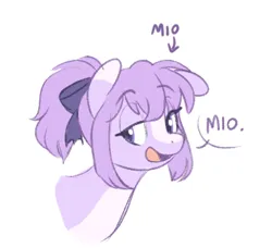 Size: 365x333 | Tagged: safe, artist:higgly-chan, derpibooru import, oc, oc:mio, unofficial characters only, pony, image, looking sideways, open mouth, png, pointing, pointing at self, ponytail, ribbon, simple background, smug, speech bubble, talking, text