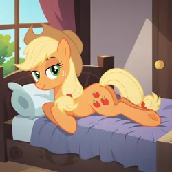 Size: 1024x1024 | Tagged: safe, machine learning generated, prompter:harvydraws, applejack, earth pony, pony, g4, bed, bedroom eyes, butt, female, image, jpeg, lidded eyes, looking at you, mare, on bed, plot, prone, smiling, solo, underhoof