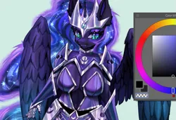 Size: 563x384 | Tagged: suggestive, artist:hikeruminyu, derpibooru import, nightmare moon, anthro, g4, armor, boob window, breasts, cleavage, color wheel, crown, image, jewelry, png, regalia, sketch, wings, wip