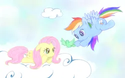 Size: 1600x1000 | Tagged: safe, artist:usako, derpibooru import, fluttershy, rainbow dash, bird, pegasus, pony, g4, 2012, blue sky, closed mouth, cloud, cute, dashabetes, day, duo, duo female, female, flying, folded wings, green eyes, image, jpeg, looking at each other, looking at someone, lying down, lying on a cloud, mare, old art, on a cloud, prone, shyabetes, sky, smiling, smiling at each other, wings