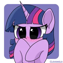 Size: 5000x5000 | Tagged: safe, artist:cloudmild, derpibooru import, twilight sparkle, pony, unicorn, g4, abstract background, blushing, covering, cute, female, hooves, horn, image, jpeg, mare, raised hoof, shy, solo, twiabetes