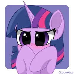 Size: 5000x5000 | Tagged: safe, alternate version, artist:cloudmild, derpibooru import, twilight sparkle, pony, unicorn, g4, abstract background, blushing, covering, cute, female, hooves, horn, image, jpeg, mare, raised hoof, shy, solo, twiabetes