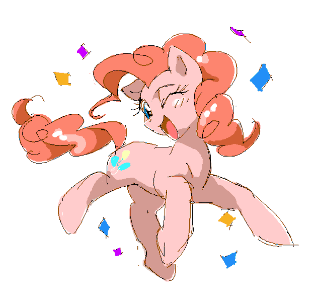 Size: 673x639 | Tagged: safe, artist:hiti, derpibooru import, pinkie pie, earth pony, pony, g4, animated, confetti, female, full body, gif, image, looking at you, mare, non-animated gif, oekaki, one eye closed, open mouth, simple background, smiling, smiling at you, solo, walking, white background, wink