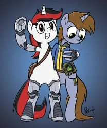 Size: 2406x2898 | Tagged: safe, artist:fimflamfilosophy, derpibooru import, oc, oc:blackjack, oc:littlepip, unofficial characters only, semi-anthro, fallout equestria, fallout equestria: project horizons, amputee, blue background, fanfic art, featureless crotch, gradient background, image, jpeg, large horn, prosthetic leg, prosthetic limb, prosthetics, quadruple amputee, simple background