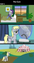 Size: 1920x3516 | Tagged: safe, artist:platinumdrop, derpibooru import, derpy hooves, dolphin, pegasus, pony, comic:the cure, g4, leap of faith, 3 panel comic, bathroom, bedroom, clothes, comic, commission, curtains, derp, eyes closed, female, flower, folded wings, frown, furniture, hat, image, mare, mirror, my little pony, nightcap, nightstand, outdoors, pajamas, picture frame, plant, plushie, png, potted plant, sink, sunflower, tent, toy, walking, wings