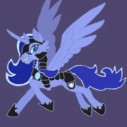 Size: 2048x2048 | Tagged: safe, artist:silverfishv9, derpibooru import, princess luna, oc, oc:azure star (silverfishv9), oc:crescent star (silverfishv9), alicorn, pony, siren, g4, alicorn oc, armor, blue eyes, blue mane, element of laughter, eyeshadow, fangs, female, fusion, fusion:oc:azure star (silverfishv9), fusion:princess luna, hoof shoes, horn, image, jpeg, makeup, mare, princess shoes, simple background, siren oc, slender, solo, thin, toothy grin, wings