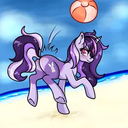 Size: 2000x2000 | Tagged: safe, artist:nikkolover12, derpibooru import, oc, oc:dreaming bell, unofficial characters only, pony, unicorn, beach, beach ball, butt, commission, female, heart butt, hooves, horn, image, mare, ocean, outdoors, plot, png, sky, solo, underhoof, water, ych result