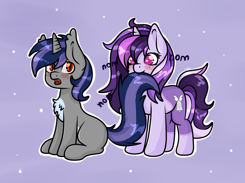 Size: 1742x1304 | Tagged: safe, artist:nikkolover12, derpibooru import, oc, oc:dreaming bell, oc:dreaming star, unofficial characters only, bat pony, bat pony unicorn, hybrid, pony, unicorn, biting, brother and sister, chest fluff, commission, cute, duo, fangs, female, horn, image, male, mare, png, siblings, stallion, tail, tail bite, ych result