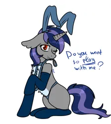 Size: 1762x1964 | Tagged: safe, alternate version, artist:nikkolover12, derpibooru import, oc, oc:dreaming star, unofficial characters only, bat pony, bat pony unicorn, hybrid, pony, unicorn, bunny ears, bunny suit, chest fluff, clothes, collar, commission, fake eyelashes, fangs, femboy, horn, image, leash, male, panties, png, socks, solo, stallion, stockings, thigh highs, underwear, ych result