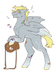 Size: 933x1189 | Tagged: safe, artist:transmasctwilight, derpibooru import, derpy hooves, pony, g4, alternate design, bag, bandaid, cloud coat pattern, dopey hooves, image, jpeg, mailbag, obtrusive watermark, pride, pride flag, rule 63, simple background, solo, transgender pride flag, twitterina design, watermark, white background