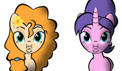 Size: 1200x700 | Tagged: safe, artist:lunascastle, derpibooru import, cookie crumbles, pear butter, earth pony, unicorn, g4, animated, female, gif, horn, image, kissing, looking at you, puckered lips, simple background, staring at you, staring into your soul, white background