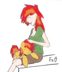 Size: 250x294 | Tagged: safe, artist:ferrous oxide, derpibooru import, oc, oc:wildfire, human, pegasus, eyes closed, futa, futa oc, humanized, image, intersex, jpeg, petting