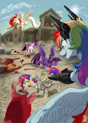 Size: 1866x2598 | Tagged: grimdark, artist:psihbolnitsa18, artist:risoba, derpibooru import, applejack, fluttershy, pinkie pie, rainbow dash, rarity, sunset shimmer, twilight sparkle, twilight sparkle (alicorn), alicorn, human, pegasus, pony, elements of insanity, g4, aiming, alicornified, applepills, blood, broken horn, brutalight sparcake, corpse, female, fluttershout, flying, hat, horn, image, magic, mane six, mare, painset shimmercakes, pinkamena diane pie, pinkis cupcake, png, pulling, race swap, rainbine, rarifruit, shimmercorn, telekinesis, top hat, trash can, weapon
