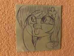 Size: 4032x3024 | Tagged: safe, artist:misstwipietwins, derpibooru import, oc, oc:lucky strike, unofficial characters only, pegasus, pony, clover, commission, cross-eyed, doodle, female, filly, foal, hairpin, harmonycon, image, jpeg, monochrome, pegasus oc, photo, raised hoof, sketch, so cute i love it sm, solo, sticky note, tongue out, traditional art, wings