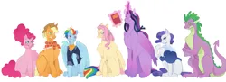 Size: 4677x1710 | Tagged: safe, artist:imgonadoponyoc, derpibooru import, applejack, fluttershy, pinkie pie, rainbow dash, rarity, spike, twilight sparkle, twilight sparkle (alicorn), alicorn, dragon, earth pony, pegasus, pony, unicorn, g4, book, cheek fluff, chest fluff, clothes, eye clipping through hair, female, granny smith's shawl, grin, height difference, high res, horn, image, levitation, looking at you, magic, male, mane seven, mane six, mare, missing cutie mark, older, older applejack, older fluttershy, older mane seven, older mane six, older pinkie pie, older rainbow dash, older rarity, older spike, older twilight, png, scarf, shawl, simple background, sitting, smiling, smiling at you, telekinesis, white background