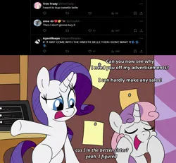 Size: 1300x1200 | Tagged: safe, artist:unitxxvii, derpibooru import, rarity, sweetie belle, pony, unicorn, g4, belle sisters, carousel boutique, computer, dialogue, duo, duo female, eyes closed, female, filly, foal, horn, image, indoors, jpeg, laptop computer, mare, meta, missing cutie mark, open mouth, siblings, sisters, text, twitter