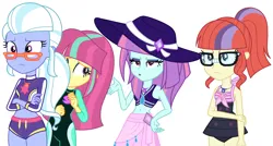 Size: 2864x1540 | Tagged: safe, artist:sarahalen, artist:yaya54320bases, derpibooru import, moondancer, sour sweet, sugarcoat, sunny flare, equestria girls, g4, beach shorts swimsuit, belly, belly button, bikini, bikini top, clothes, clothes swap, equestria girls specials, fluttershy's wetsuit, glasses, group, hat, image, legs together, my little pony equestria girls: better together, my little pony equestria girls: forgotten friendship, one-piece swimsuit, png, sarong, simple background, sun hat, swimsuit, swimsuit swap, vector, wetsuit, white background