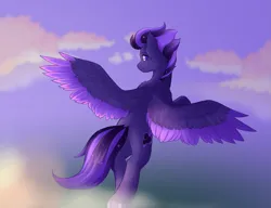 Size: 2821x2168 | Tagged: safe, artist:soup_ch, derpibooru import, oc, oc:shadow galaxy, unofficial characters only, pegasus, pony, cloud, commission, ethereal mane, female, flying, high res, image, in the sky, looking at you, looking back, looking back at you, mare, png, smiling, solo, spread wings, starry mane, starry tail, tail, underhoof, wings, ych result