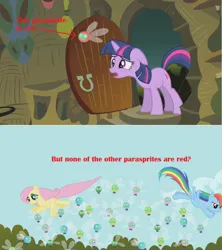 Size: 1199x1352 | Tagged: safe, derpibooru import, edit, edited screencap, screencap, fluttershy, rainbow dash, twilight sparkle, parasprite, g4, swarm of the century, animation error, everfree forest, image, my little pony, png, text, zecora's hut