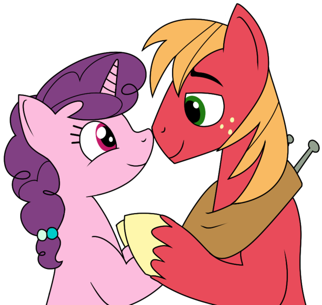 Size: 857x813 | Tagged: safe, artist:sythenmcswig, derpibooru import, big macintosh, sugar belle, earth pony, pony, unicorn, g4, female, holding hooves, horn, image, male, png, shipping, stallion, straight, sugarmac