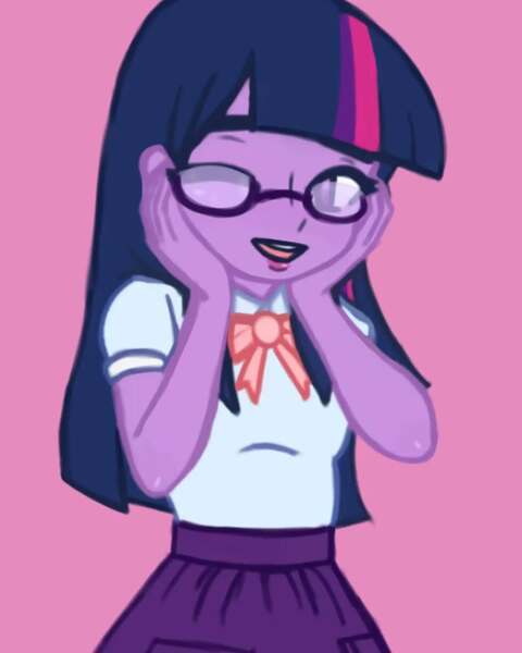 Size: 1080x1350 | Tagged: safe, artist:thanatoschanvt, derpibooru import, twilight sparkle, human, equestria girls, g4, cheek squish, clothes, female, glasses, image, jpeg, looking at you, one eye closed, open mouth, purple skin, simple background, skirt, smiling, smiling at you, solo, solo female, squishy cheeks, wink